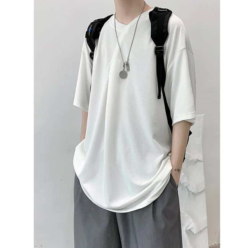 

Summer Short Sleeve T-shirt Men Fashion Casual Black White Oversized T Shirt Men Streetwear Korean Loose V-Neck Tshirt Mens Tops