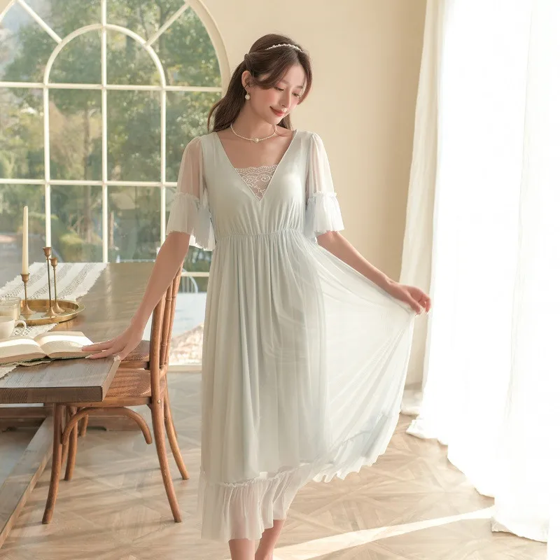 

New Summer Gauze Modal Long Nightgowns For Women Short Sleeve White Lace Sleepwear With Bra Pads Vintage Princess Nightdress