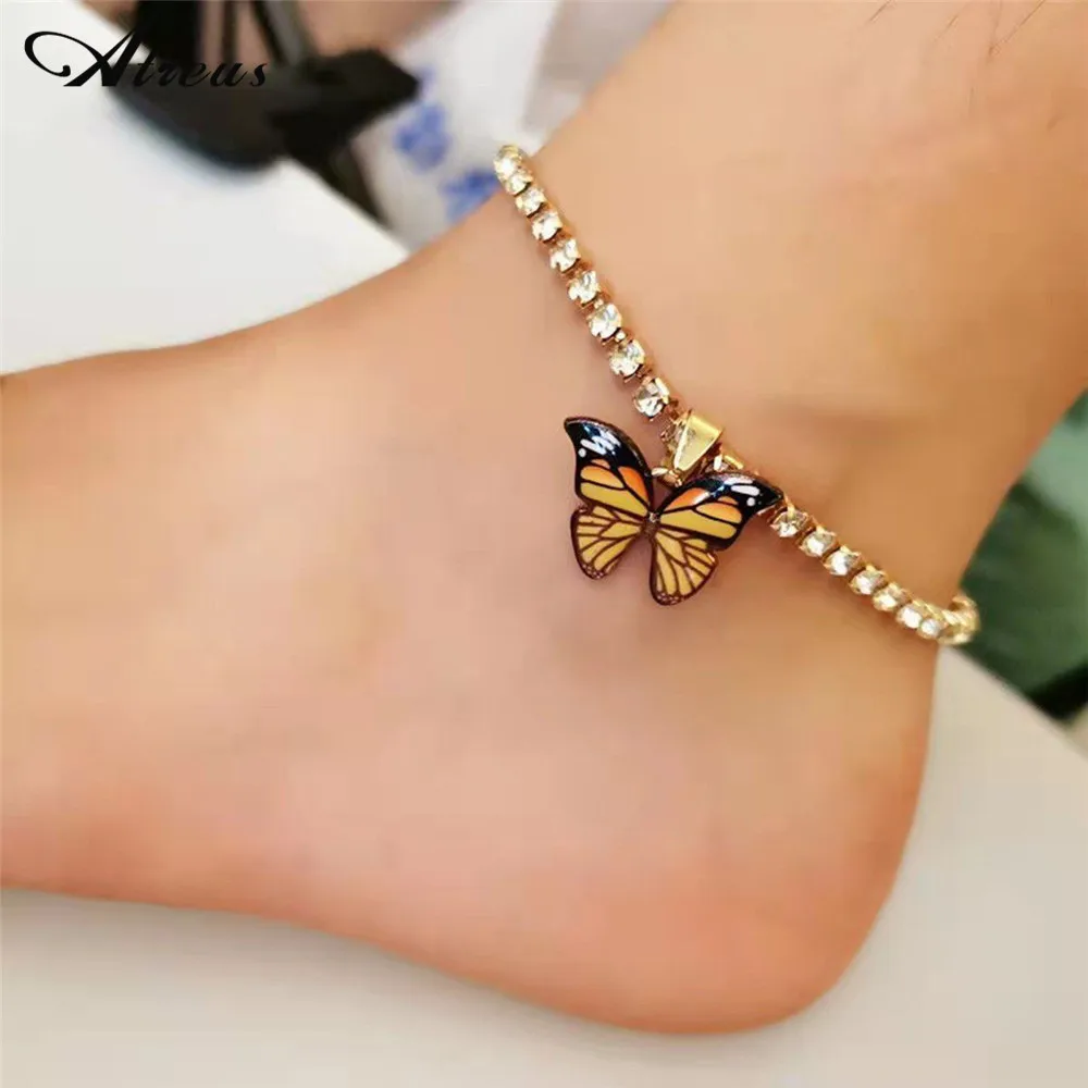 

Bohemian Geometric Rhinestone Chain Anklets Gold Color Butterfly Foot Bracelet Anklet For Women Girl Bling Feet Jewelry