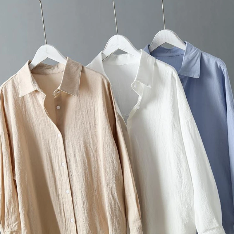 

2023 Spring Women's Blouses Korean Clothing Summer Vintage Linen Cotton Mid-length White Shirt Dress for Women Chic Tops Shirts