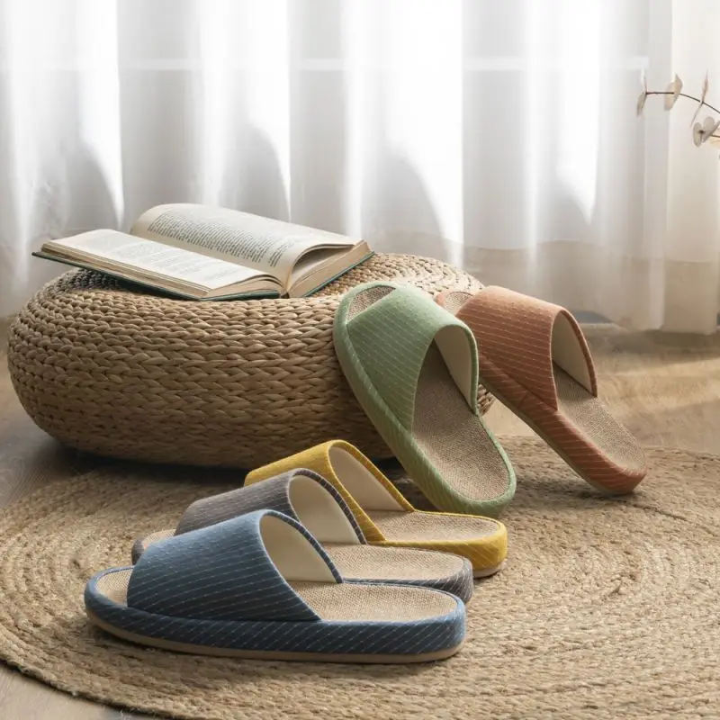 Linen Cotton Slippers Female Four Seasons Home Indoor Cute Couple Autumn Thick Bottom Outdoor Wear Comfortable Slippers Male