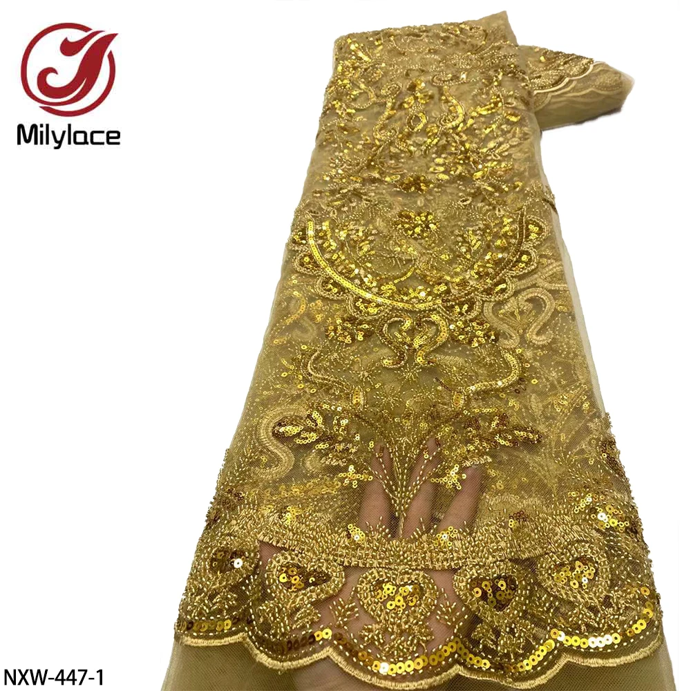 

French Tulle Mesh Lace Fabrics with Sequins Embroidery High Quality Nigerian Lace with Beaded for Party Dress NXW-447