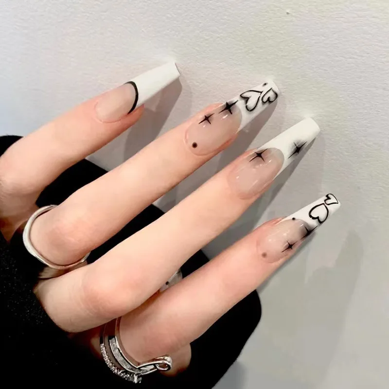 24pcs removeable y2k false nails with heart designs full cover french fake nail patch acrylic press on nails stick on white nail