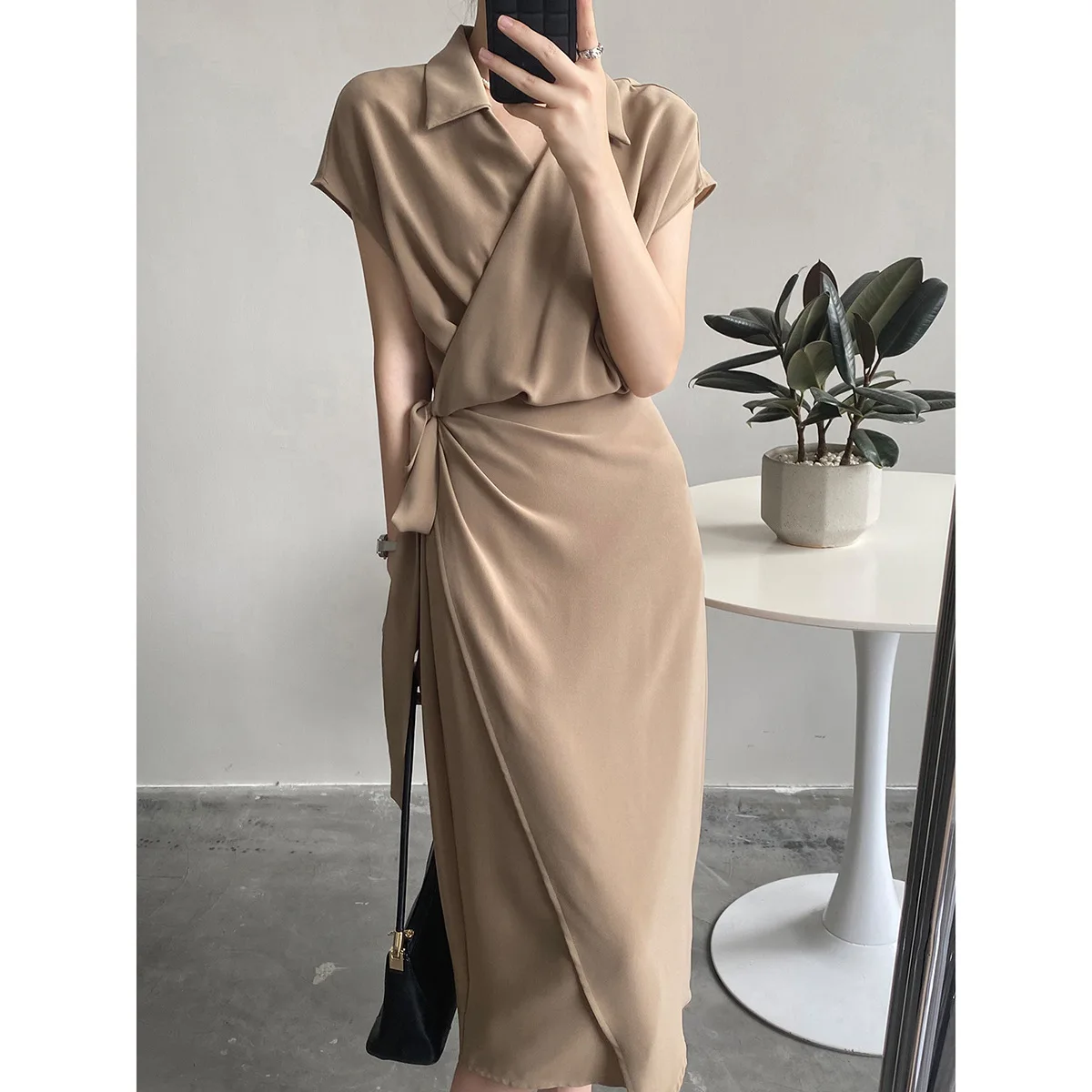 

SuperAen 2022 Summer New V-neck High Waist Lace Up Straight Mid-Calf Solid Casual Dress for Women