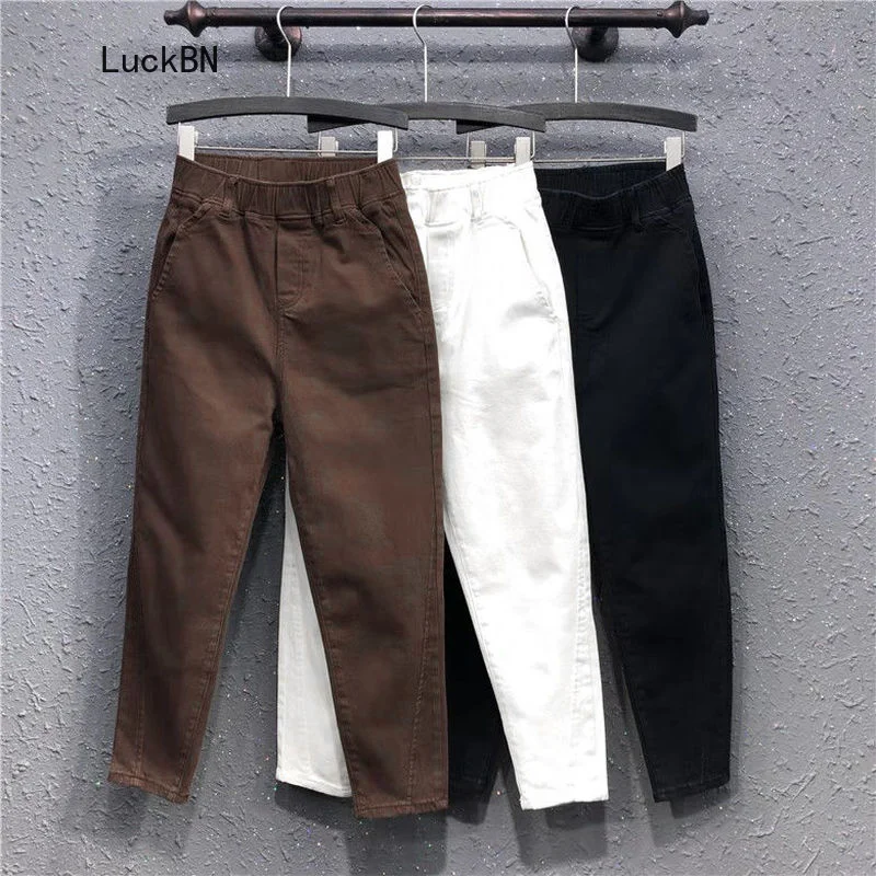 

Coffee Harem Pants Women's Washed Cotton Trousers Spring Summer Ankle Pants Korean Loose Casual Elastic High Waist Pencil Pants