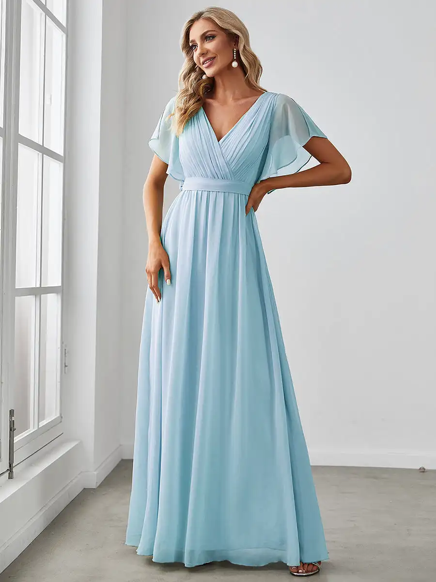 

Elegant Evening Dresse Long A-LINE V-Neck Deep V Neck Ruffles Sleeves Gown 2023 Ever Pretty of Orchid Bridesmaid Women Dress