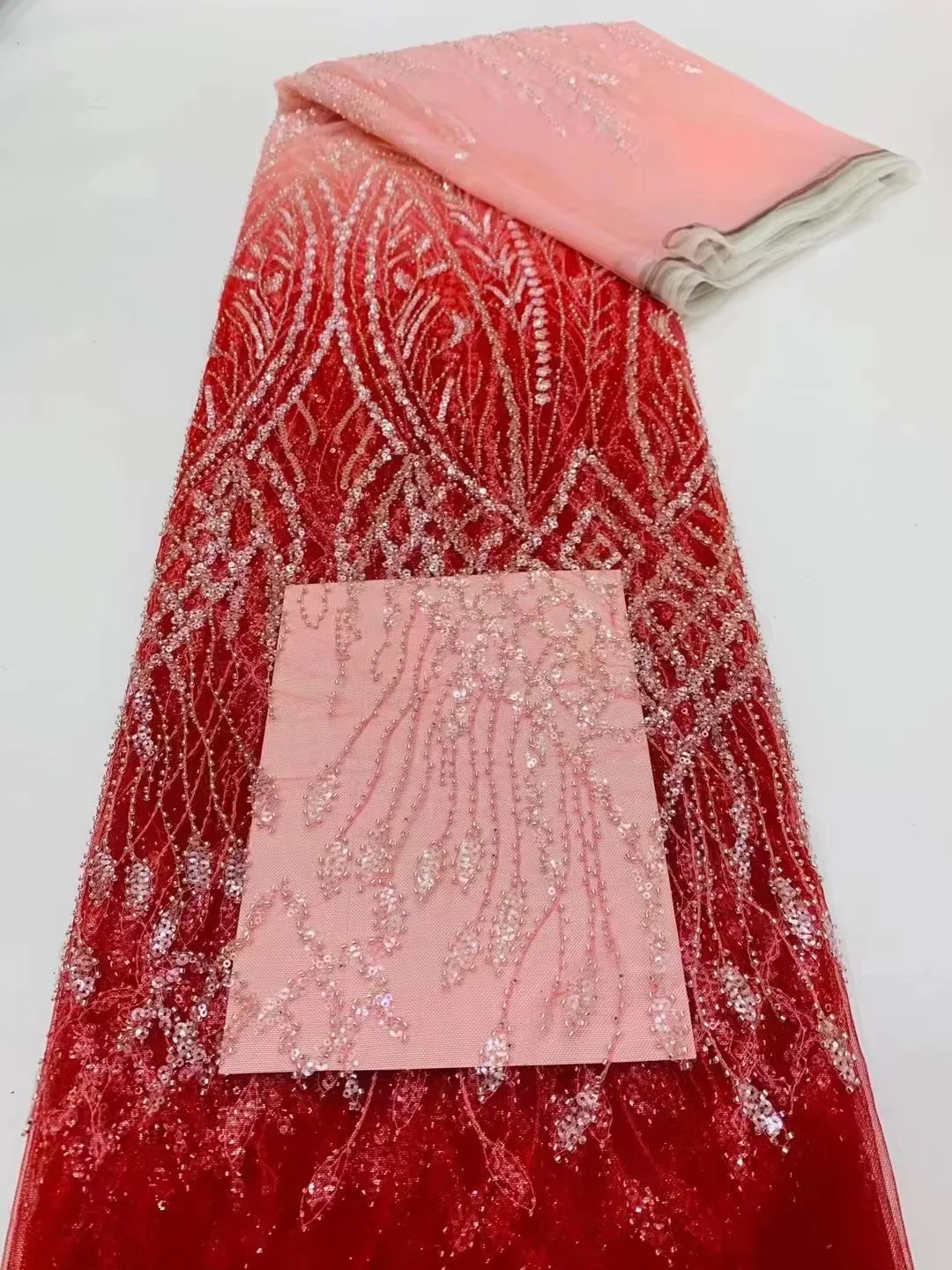

Heavy French Sequins Beaded Tulle Lace Fabric Red African Embroidery Net Lace Fabric With High Quality French Mesh Lace