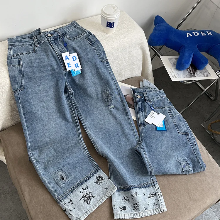 

ADER ERROR Vintage Washed Old Jeans Men's and Women's Spring Fashion Brand Pants with Broken Holes Loose Slim Straight Leg Pants
