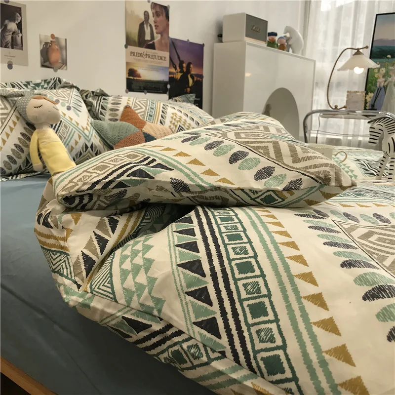 

Simple Nordic Bed Four-Piece Set All Cotton Pure Cotton Quilt Cover Bohemian Style 1.5 M1.8 M Apartment Fitted Sheet