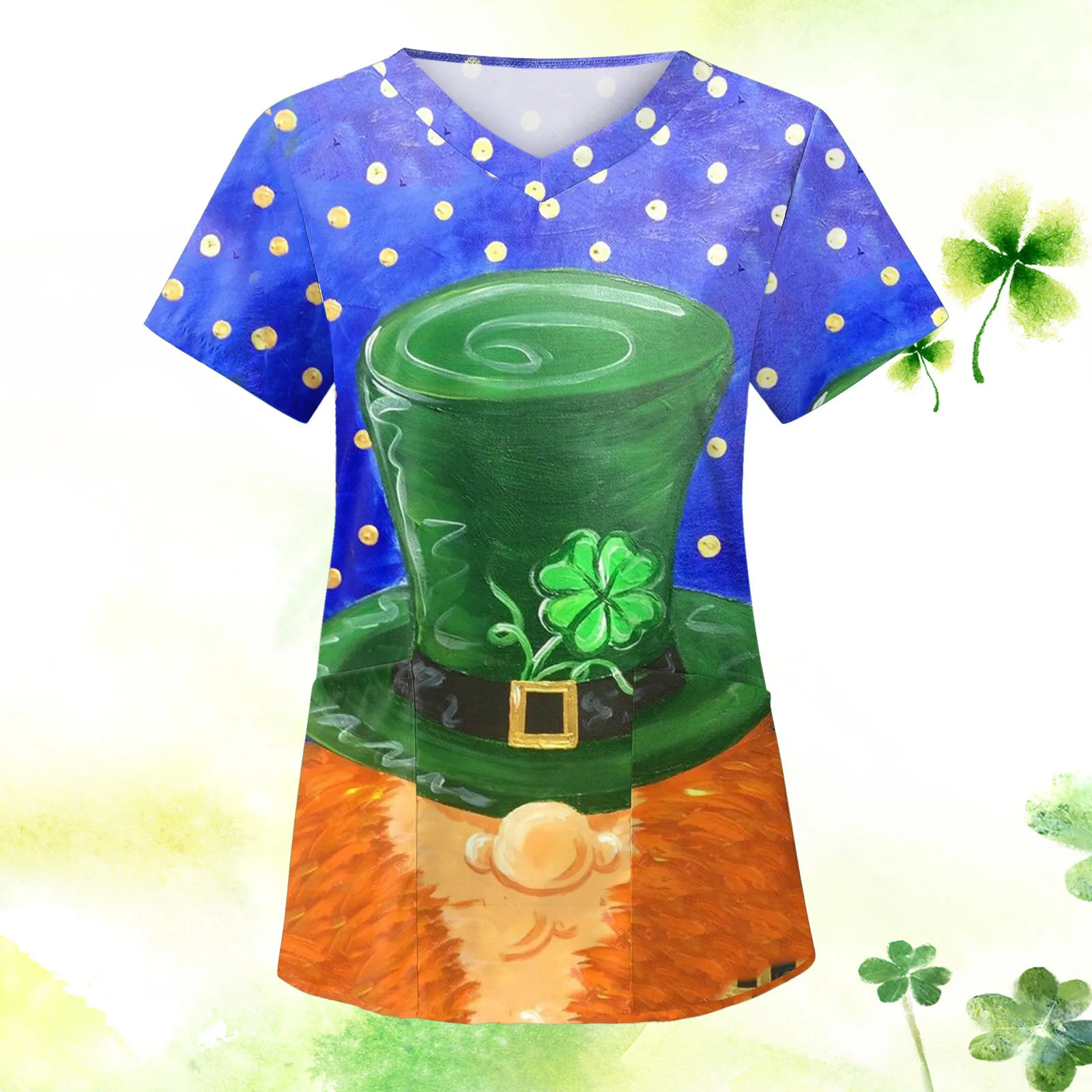 

St. Patrick Day Nursing Uniforms Scrubs Tops Women Short Sleeve Pharmacy Workwear Clinic Scrubs Shirts V Neck Medical Uniform