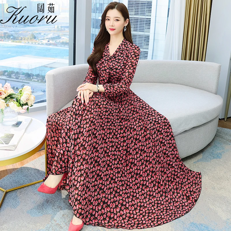 

Vestidos Mujer Primavera Verano 2022 Long Sleeve Vintage Dress Chiffon Maxi Floral Elegant Boho Dresses For Tunics Clothes Prom