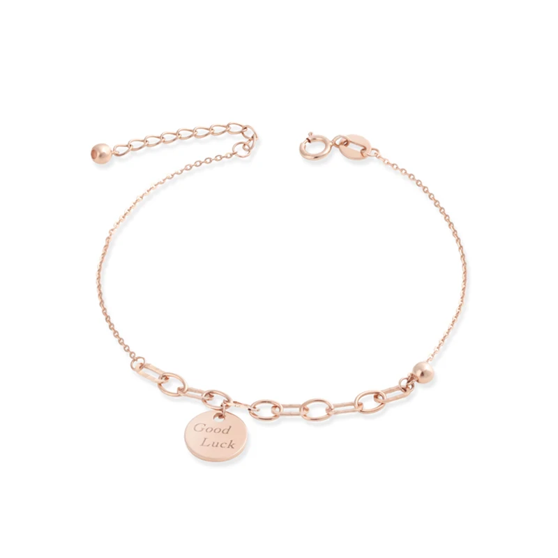 

Браслет из настоящего 18-каратного розового золота с гравировкой букв, круглые подвески на удачу, тонкие женские золотые браслеты Rolo Link 16 + 2,5 ...