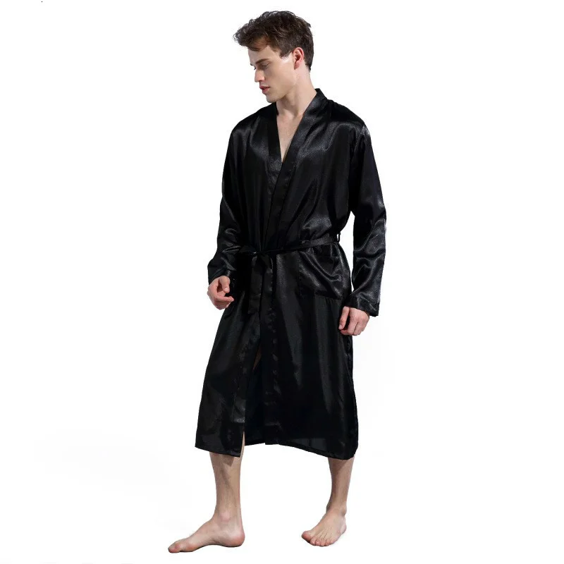 

Mens Silk Satin Robes Pajamas Long Slve Solid Slpwear Kimono Male Bathrobe Leisure Men Loungewear Dressing Gown 2023