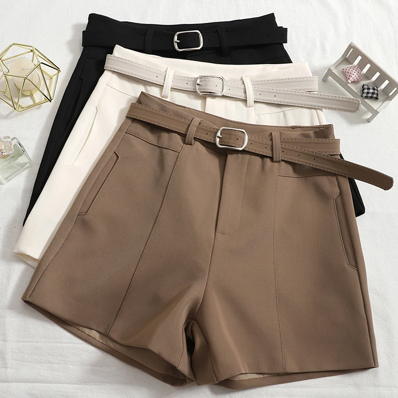 

ITOOLIN Casual Women's Shorts A-line High Waist Short Femme Chic Office Lady Shorts With Belted Vintage Female Trousers
