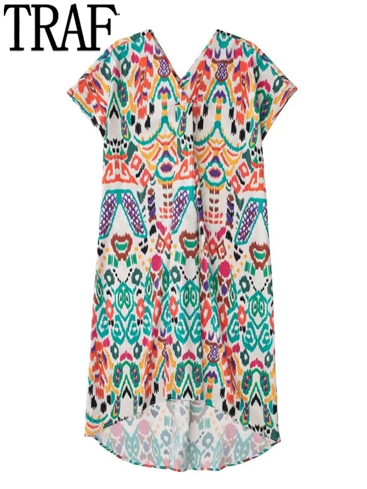 

Длинное платье с принтом TRAF, женские туники, летние платья 2022, женское асимметричное платье миди с коротким рукавом в стиле бохо, пляжные Сво...