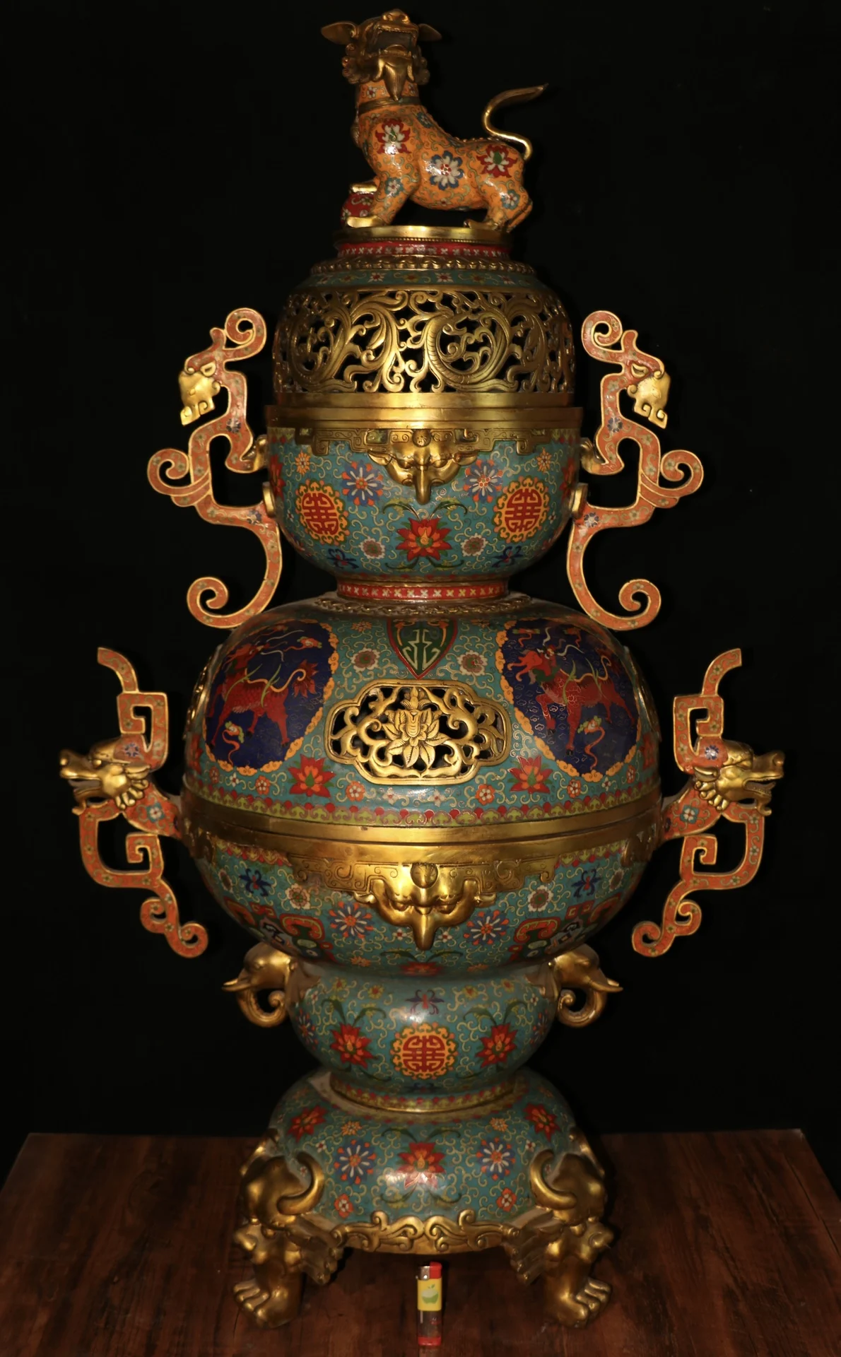 

50"Tibetan Temple Collection Old Bronze Cloisonne Dragon Two-ear Kylin pattern Three-legged Three layers Incense Burner