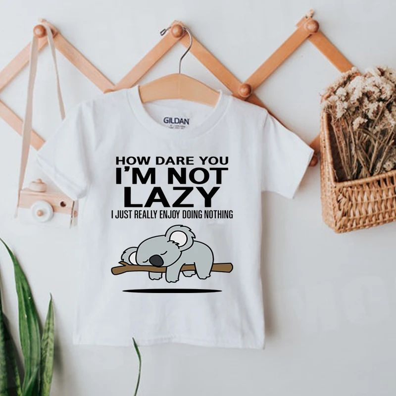 

Boys Cartoon T-shirts koala Printed Girls Tees Children Tops IM not lazy Clothes Summer Fashion short sleeve Kids Outfits tops
