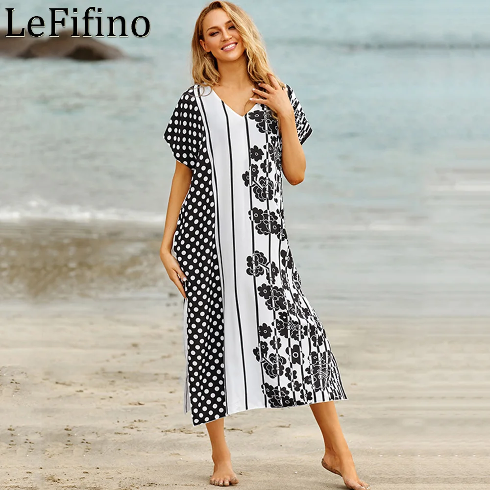 

Summer Polyester Black And White Flower Dot Stripe Positioning Print Beach Vacation Dress Sunscreen Robe V-neck Long Skirt Women