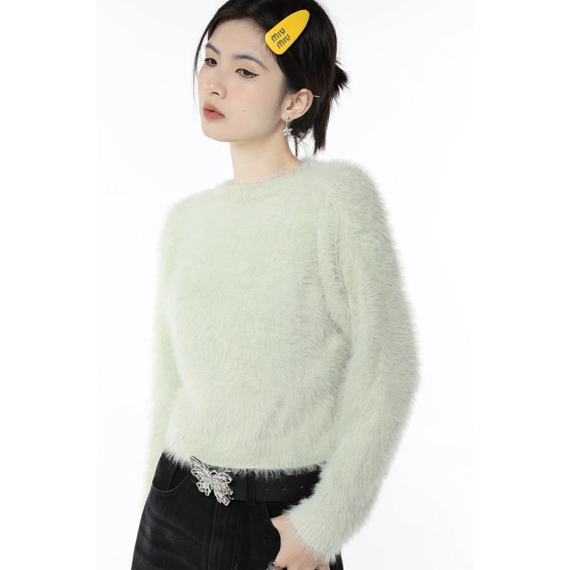 Women's Clothes Green Sweater Short Fashion Vintage Leisure Lazy Wind Loose Winter Female Warm Long Sleeve Knitting Pullover