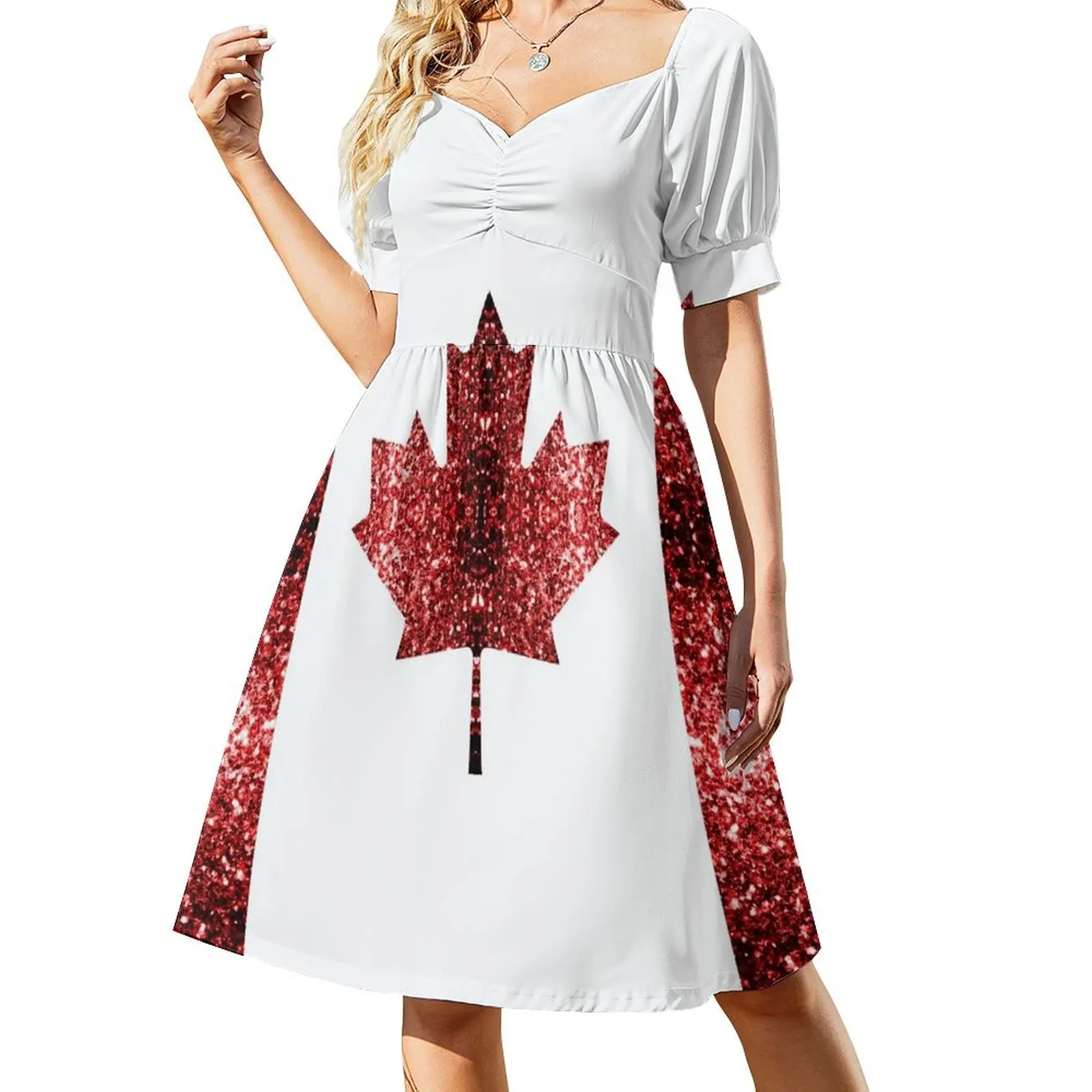 Флаг Канады красное платье с искусственными блестками и кленовым листом (фото