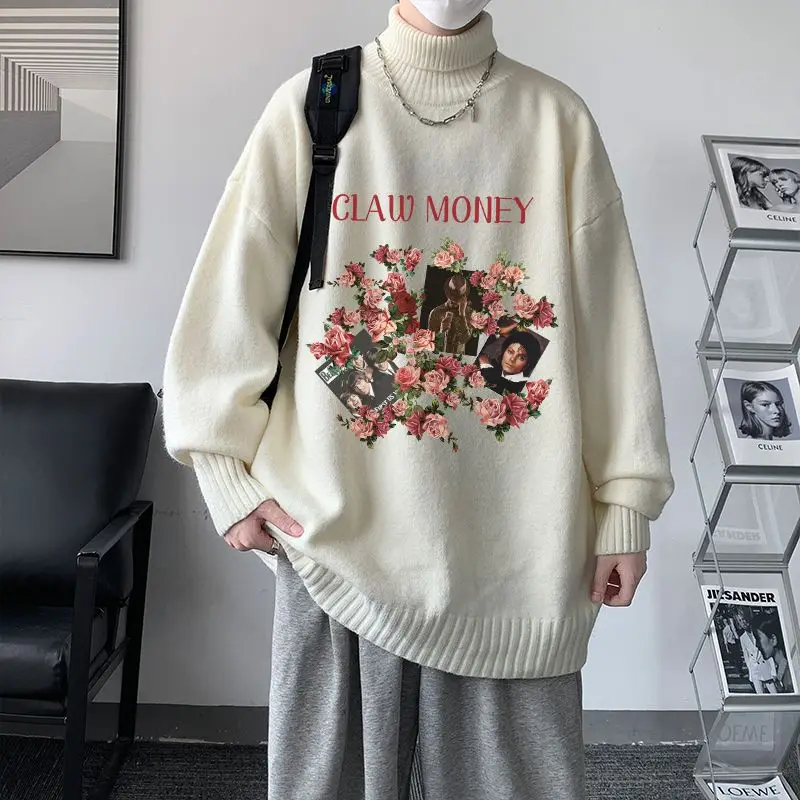 

American Retro Rose Grunge Character Sweater Mens Turtleneck Warm Winter Oversized Pullover Hip Hop Streetwear Harajuku Y2K Tops