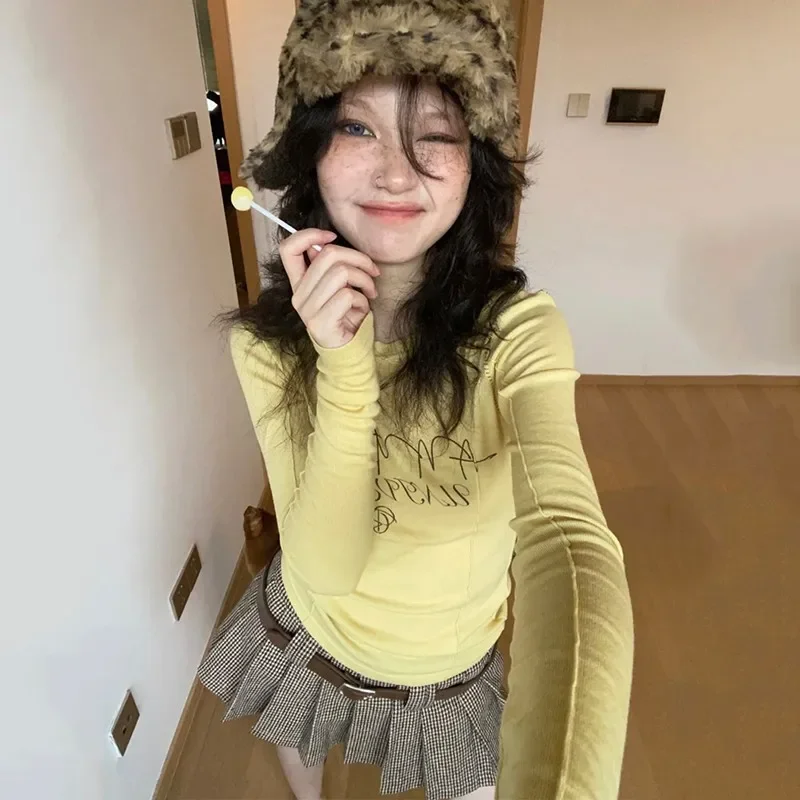 Эстетичная желтая футболка E-girl Y2k 20 дюймов в японском стиле Харадзюку с длинным