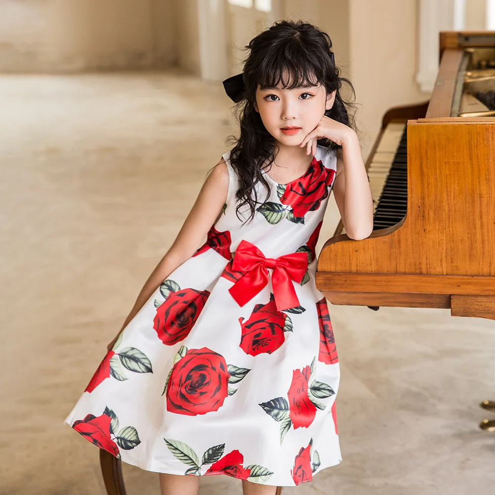 

Summer Girls Dress Red Rose Printed Kids Vest Princess Dresses 2022 New Girls Clothes Bow Party Gowns 2 12 Years Children Dress