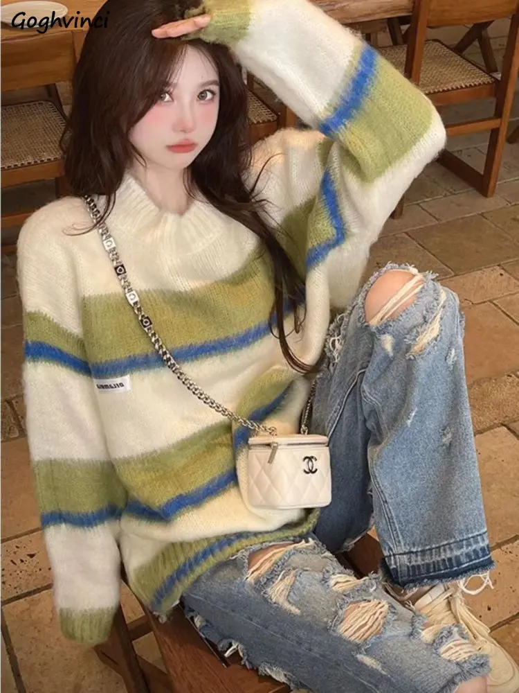 

Striped Pullovers Women Panelled Elegant Harajuku Sweet Lovely Females Sweaters Y2k Clothes Autumn Pull Femme College Baggy New