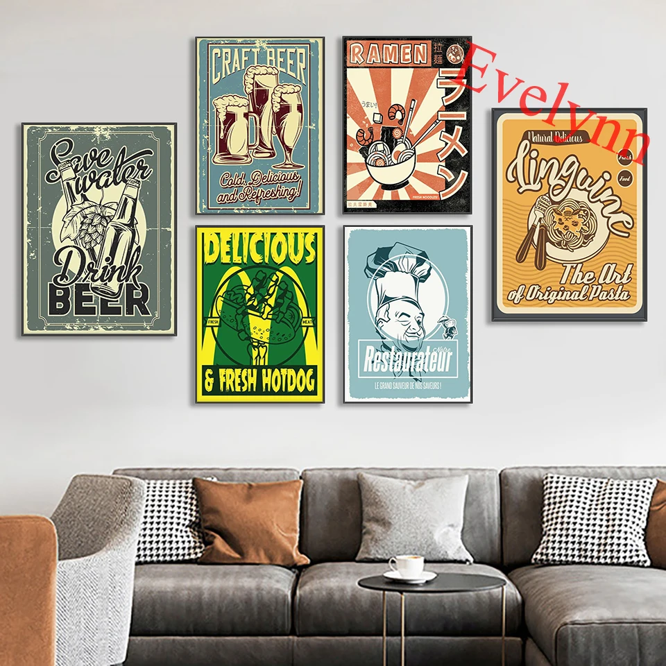 

Delicious Linguine Ramen Noodles Hotdog Craft Beer Restaurateurs Canvas Prints Posters Wall Art Canteen Kitchen Decor Painting
