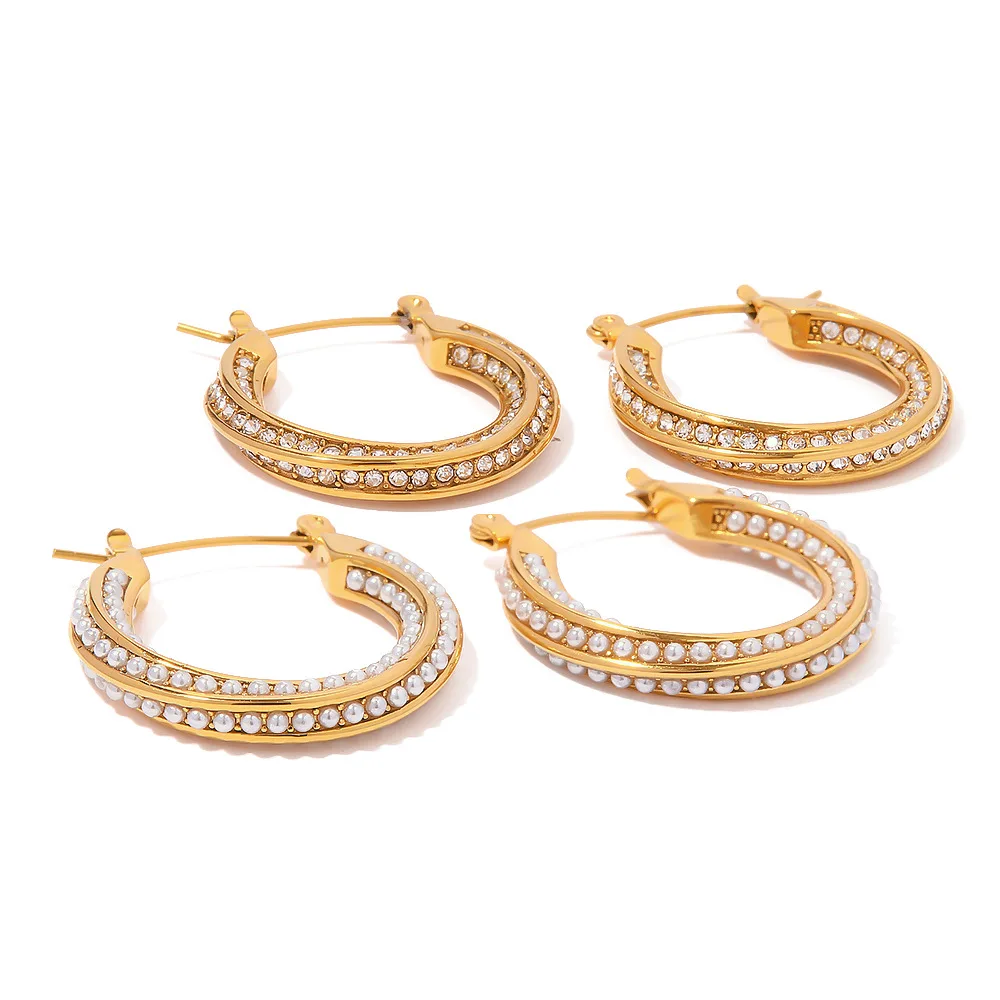 Stainless Steel PVD 18K Gold Plated Tarnish Waterproof Zircon Rhinestoned Twist Hoop Earring  For Woman Jewelry Wholesale Trendy