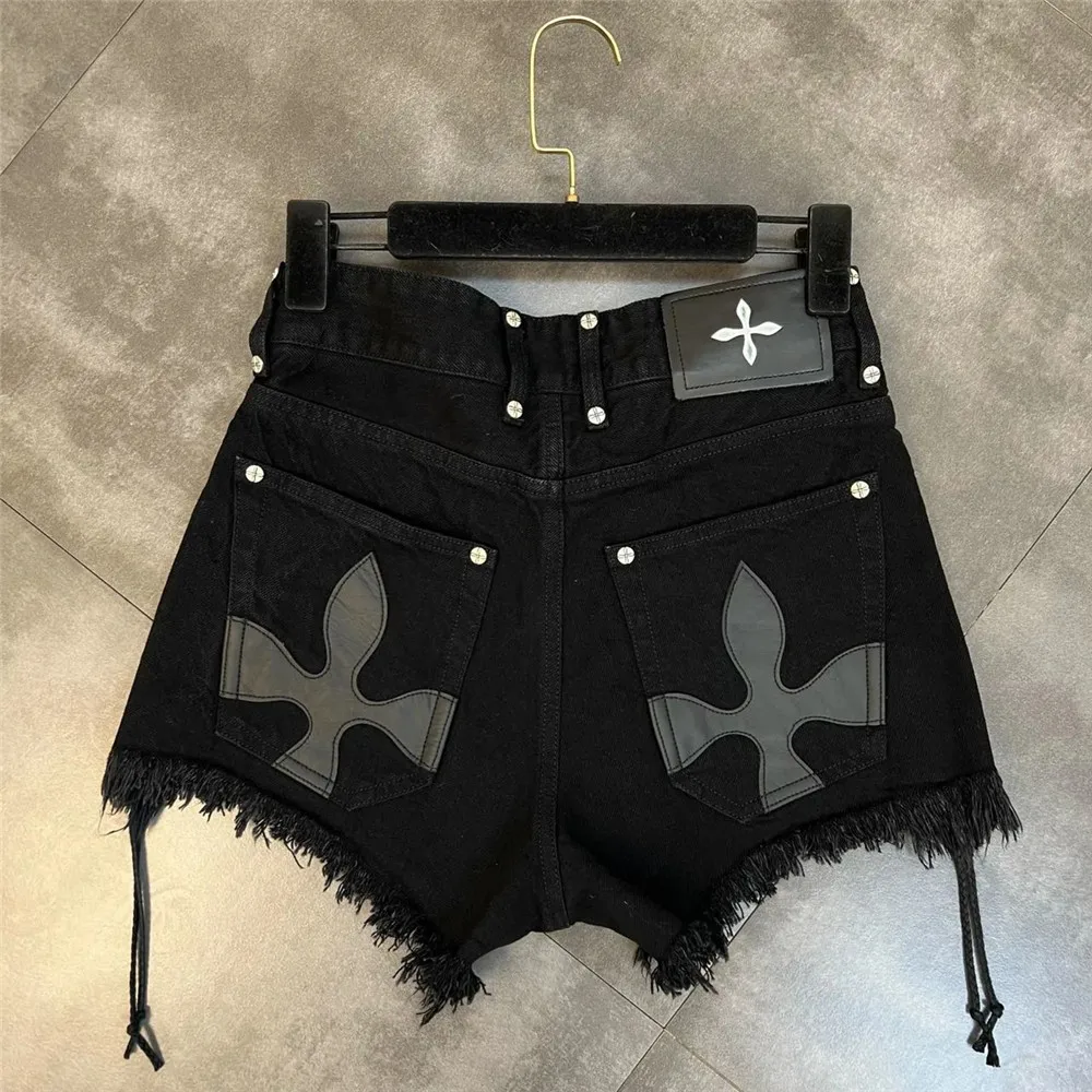 Summer Bandage Tassel Trend Jeans Female Black Personality Raw Fringe Denim Shorts Sweet Cool Dark Gothic Hip Hop Streetwear