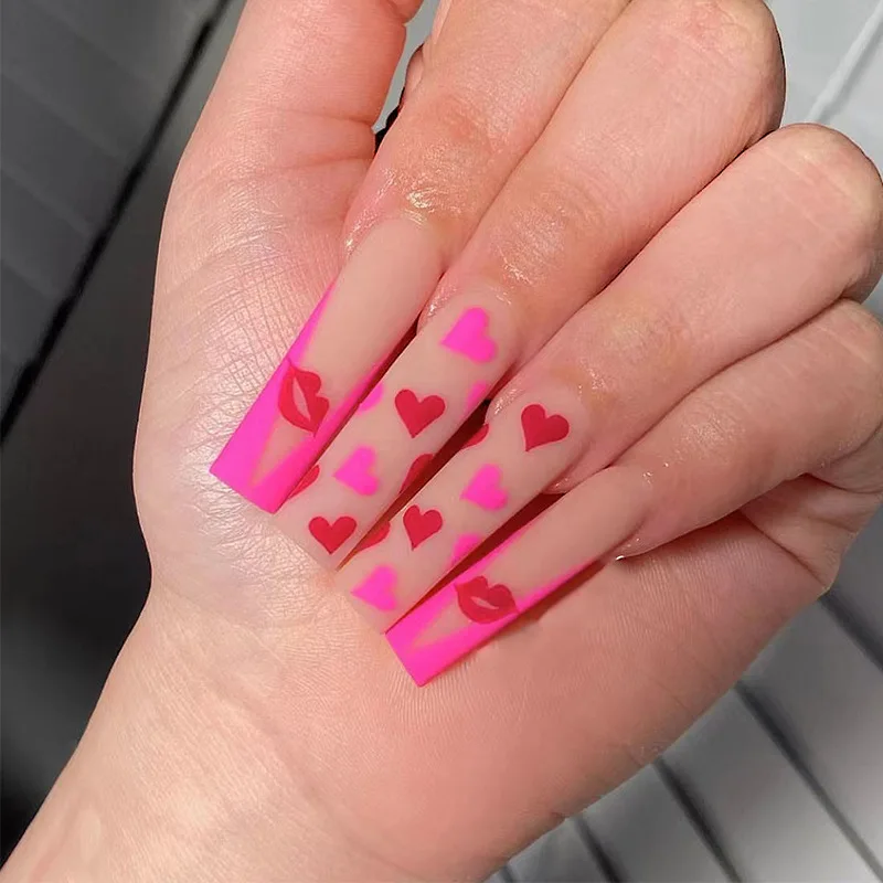 

24Pcs Valentine's Day Long Ballet French False Nails Square Coffin Fake Nails Press on Lip Print Love Design Wearable Nail Tips