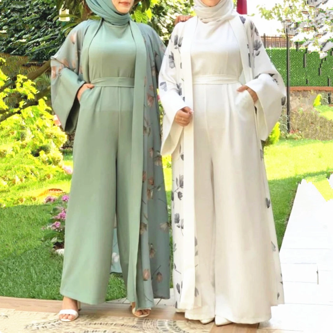 Ramadan Eid Open Abaya Jumpsuit Matching Muslim Sets Hijab Dress Turkey Linen Abayas for Women Dubai Arabic Kimono Kaftan Islam