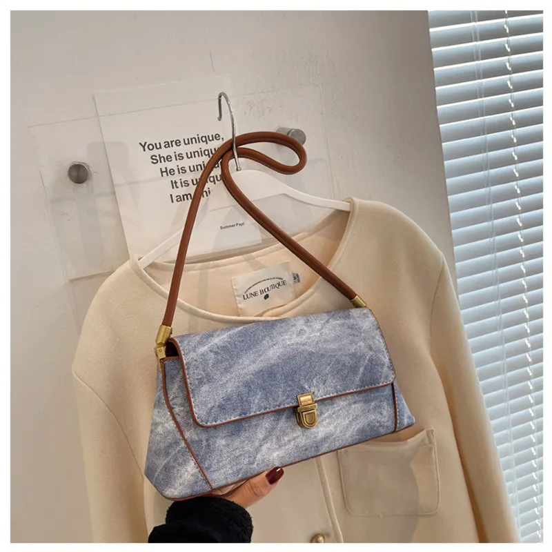 New Women's Designer Bag Luxury Versatile Shoulder Underarm Small Square Bag Fashion Simple Texture Contrast Denim Handbags