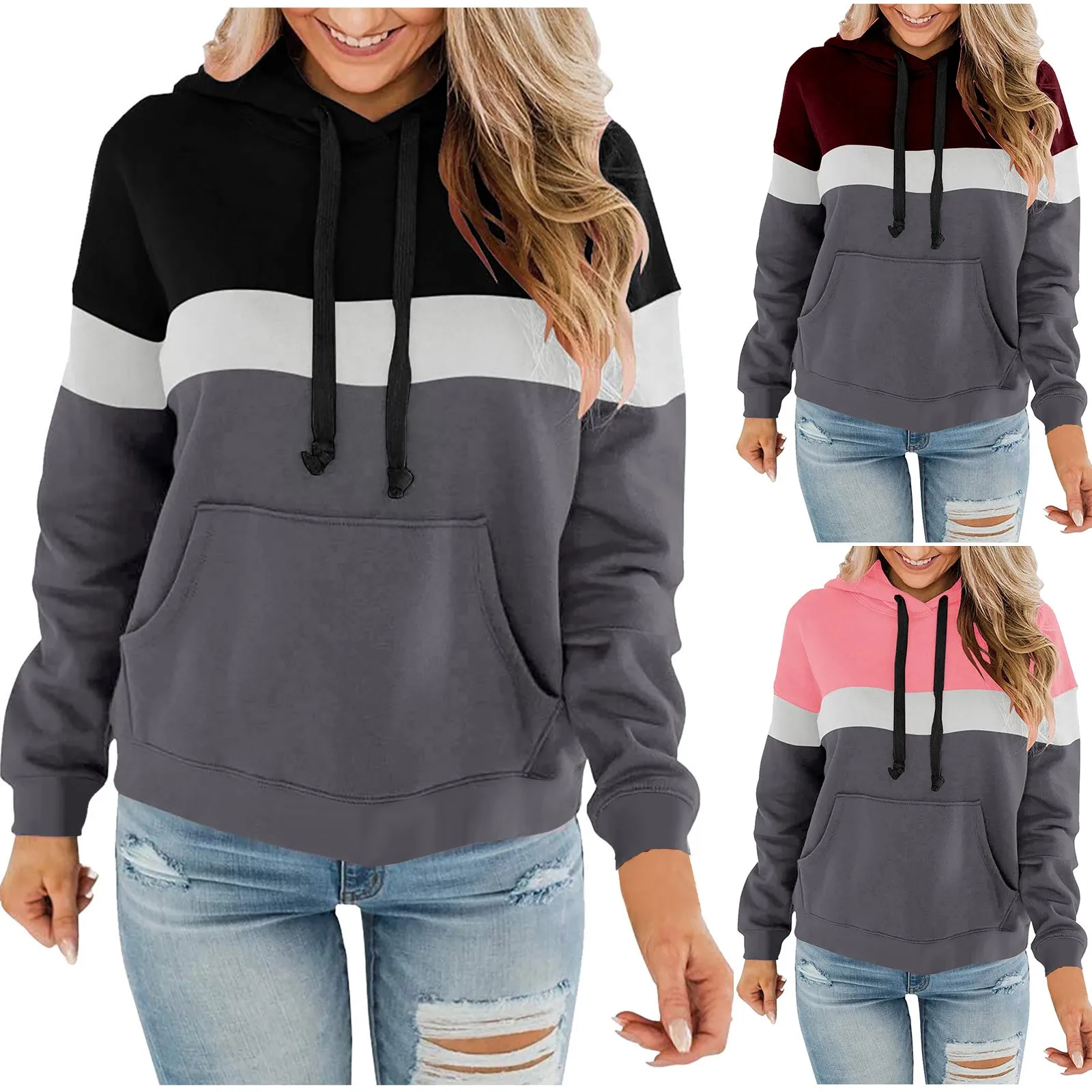 

Women Hooded Casual Loose Pullover Striped Print Long Sleeve Sweatshirt Vintage Hoodies