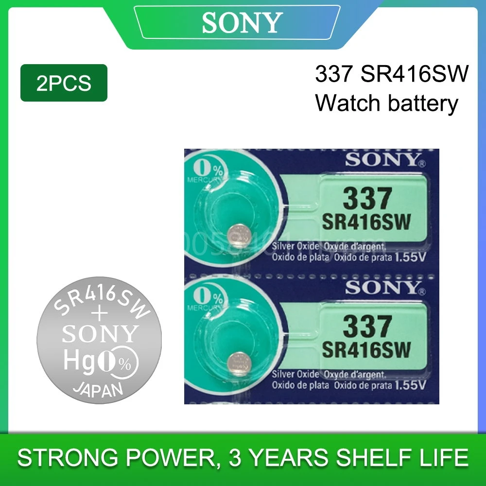 

2PCS Sony Original 337 SR416SW 1.55V Silver Oxide Watch Battery SR416SW 337 LR416 SB-A5 Button Coin Cell MADE IN JAPAN