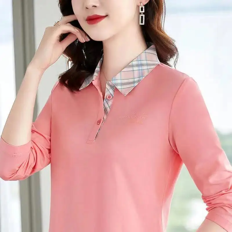 

Women's Cotton Long Sleeve Lapel Polo Shirt 2023 Spring and Autumn Korean Style Female T-shirt Bottoming Shirt