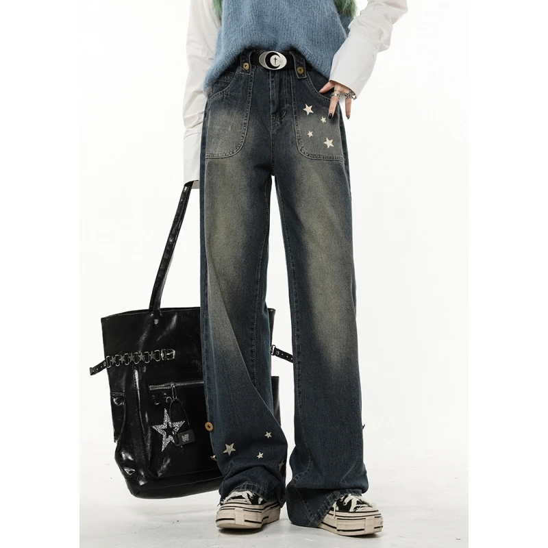 

Blue High Waist Women Jeans Stars Printing Vintage American Fashion Streetwear Wide Leg Female Denim Trouser Straight Pants