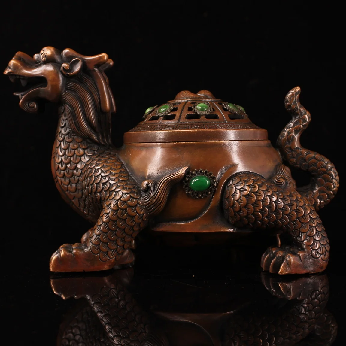 

9" Tibetan Temple Collection old Bronze mosaic gem gossip Dragon Turtle Incense Burner office ornament Town house Exorcism