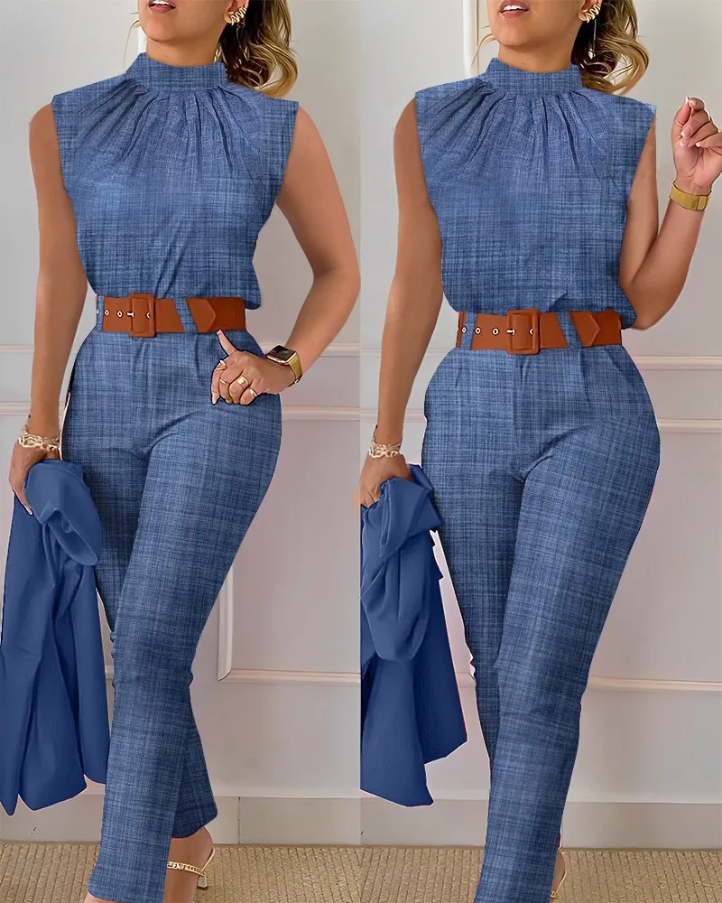 

Pants Work Printing 2 Pieces Suit Sets Female Casual Outfits Summer Denim Blue Set Women Stand Collar Sleeveless Top High Waist