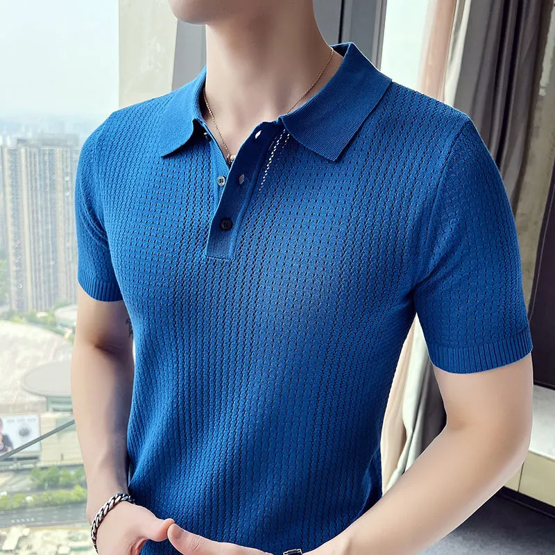 

Royal Blue Men Short Sleeve Polos T-shirt Slim Fit Knitted Breathable Mens Clothing Designer Solid Color Camisa Summer 2022