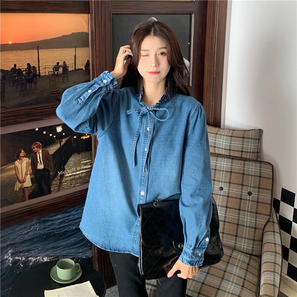 Женская однобортная джинсовая рубашка элегантная простая Весенняя блузка