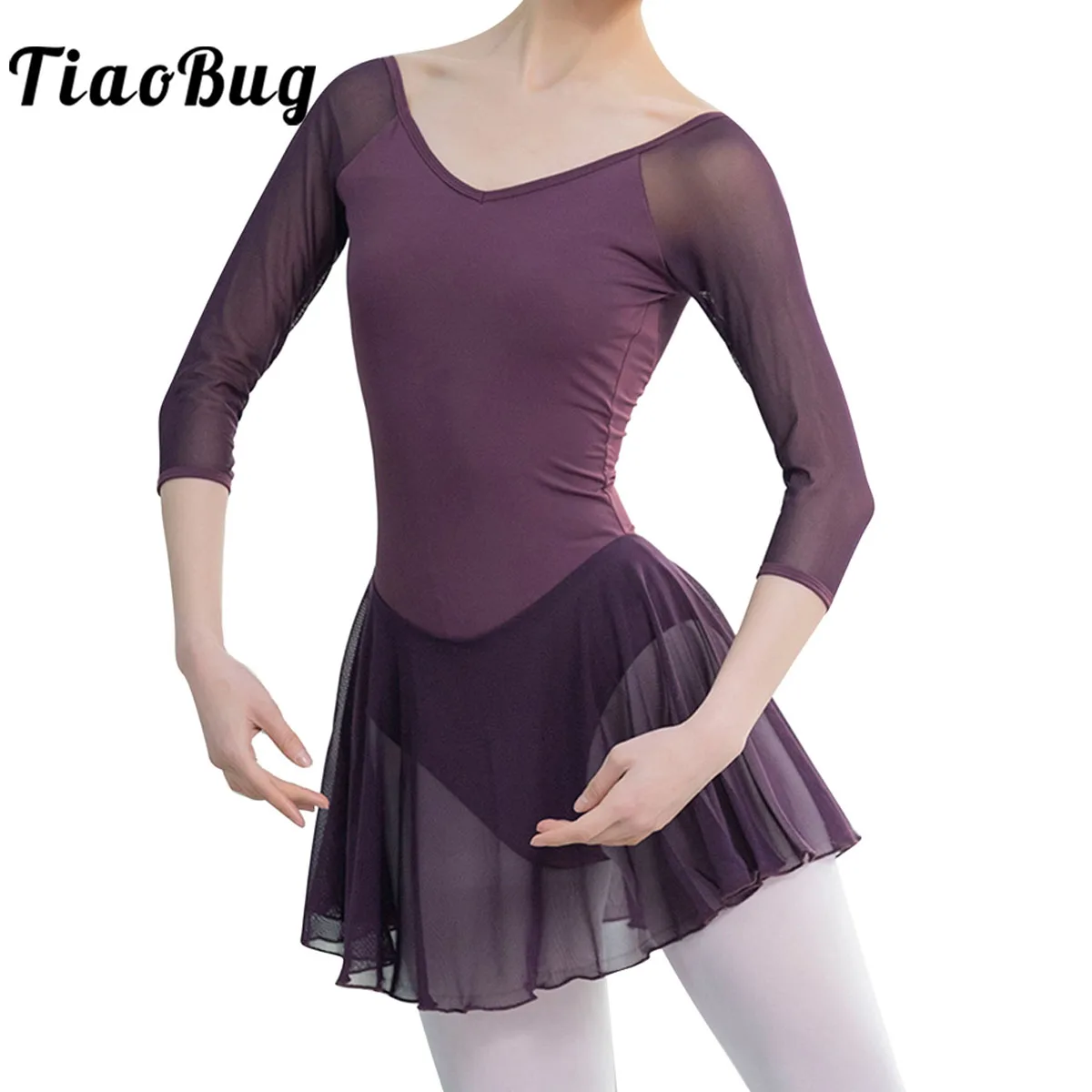 

Womens Skirted Leotards Ballet Dance Dress 3/4 Sleeve Mesh See-Through Backless Bassic Practice Training Tutu Clothing Dancewear