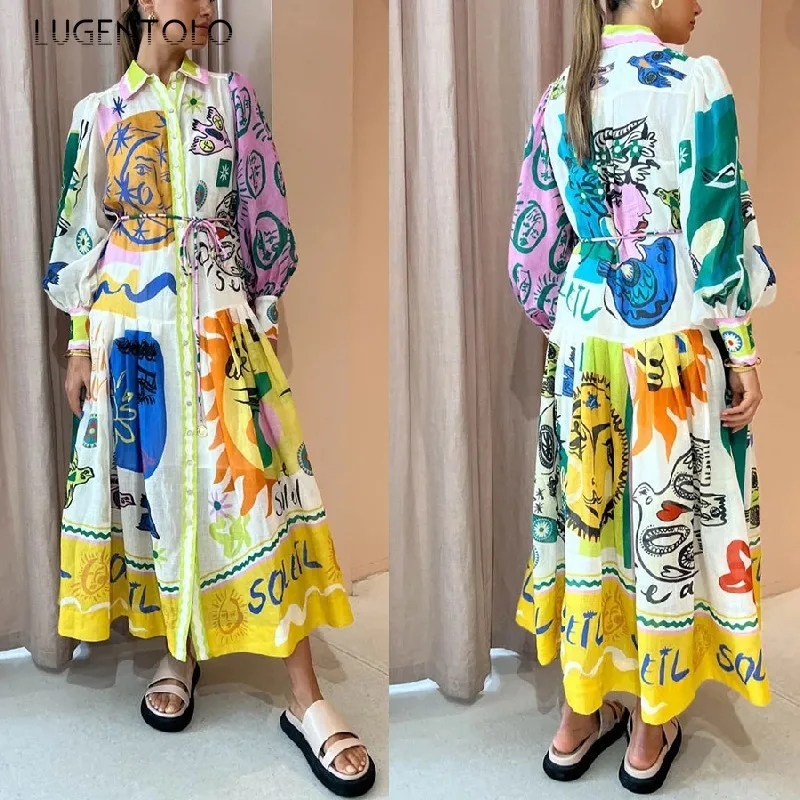 

Женское свободное платье с длинным рукавом, повседневное однобортное платье свободного покроя с отложным воротником и поясом