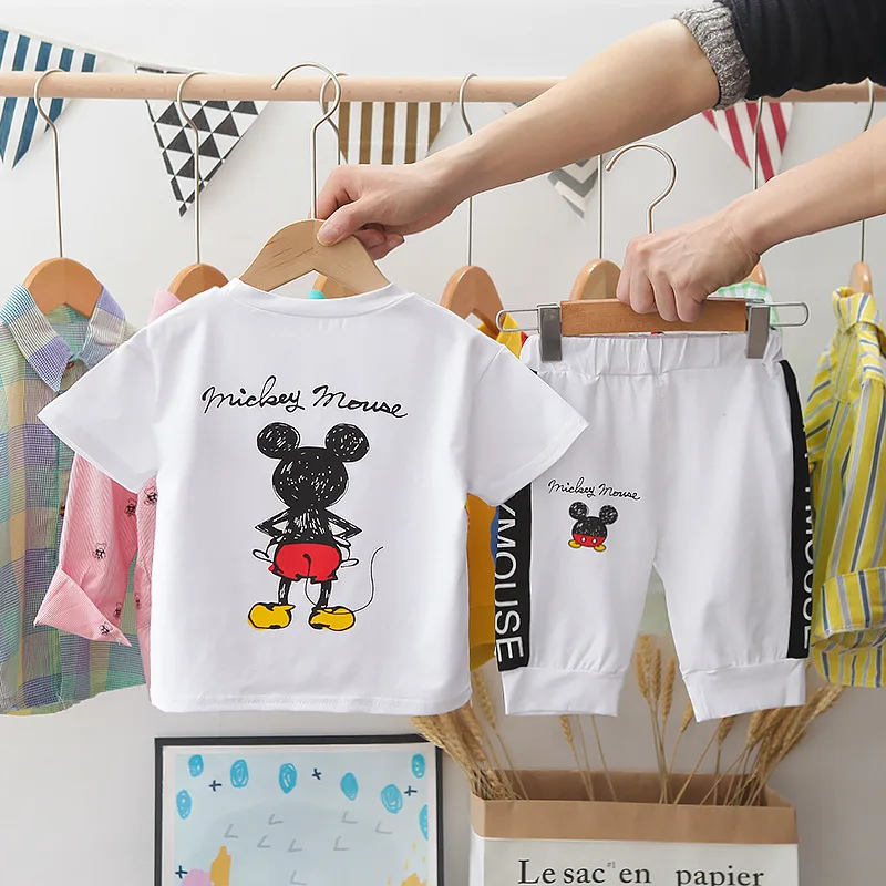 

Летние комплекты для маленьких девочек и мальчиков с мультяшным Микки Маусом, одежда для детей ясельного возраста, хлопковая футболка с кор...