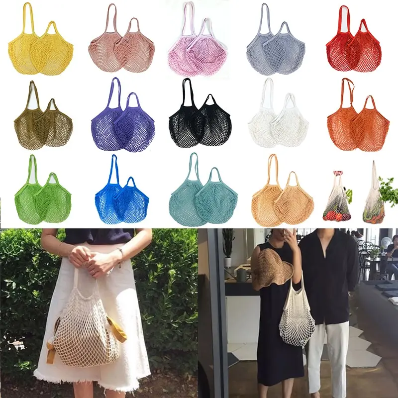 

2021 New Reusable Grocery Produce Bags Cotton Mesh Ecology Market String Net Tote Bag Kitchen Fruits Vegetables Hanging Bag Home