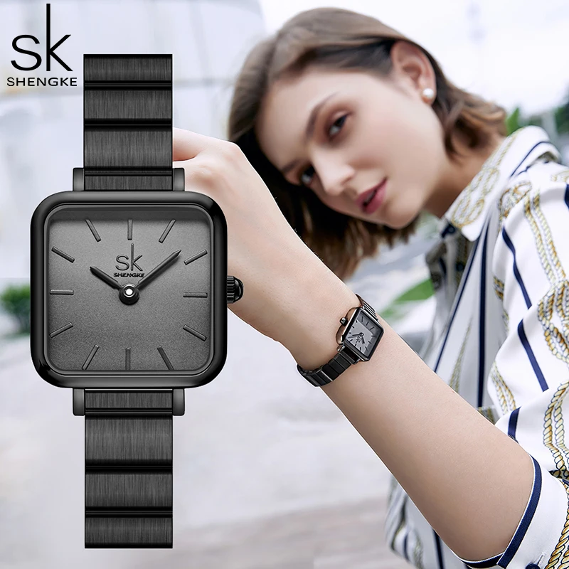 Shengke New Fashion Style Women Watches Black Square Original Woman's Quartz Wristwatches Top Luxury Brand Female Gift Clock