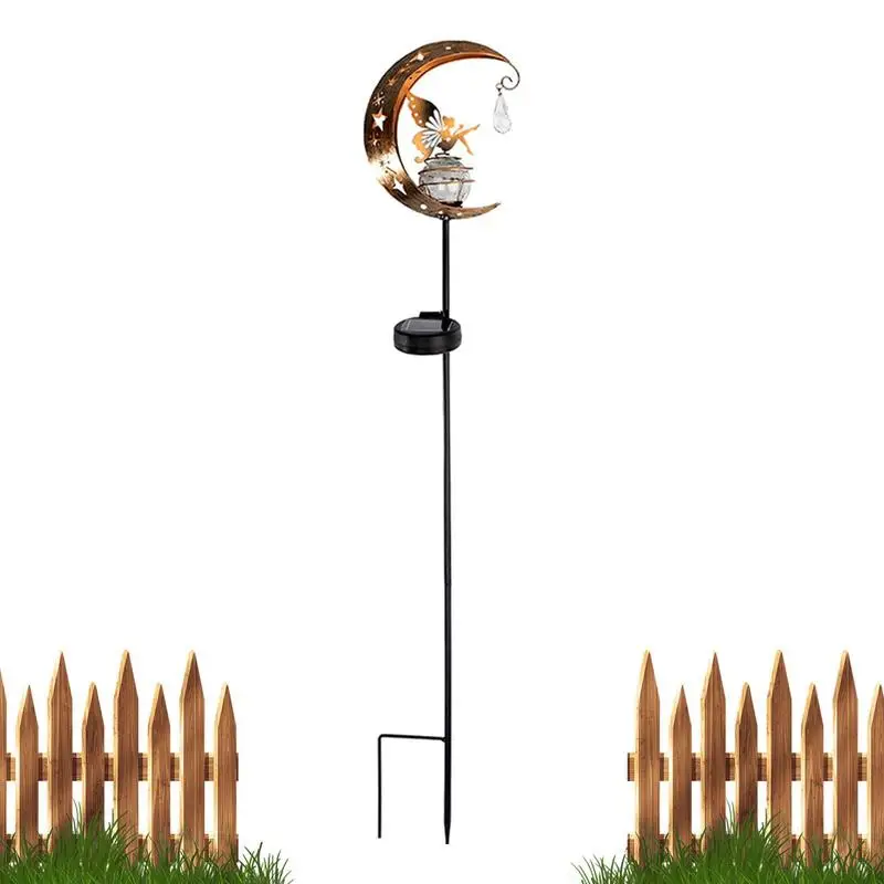 

Outdoor Solar Lights Solar Garden Lights Hollow-Carved Metal Moon With Crackle Glass Globe Stake Lights Waterproof Outdoor For