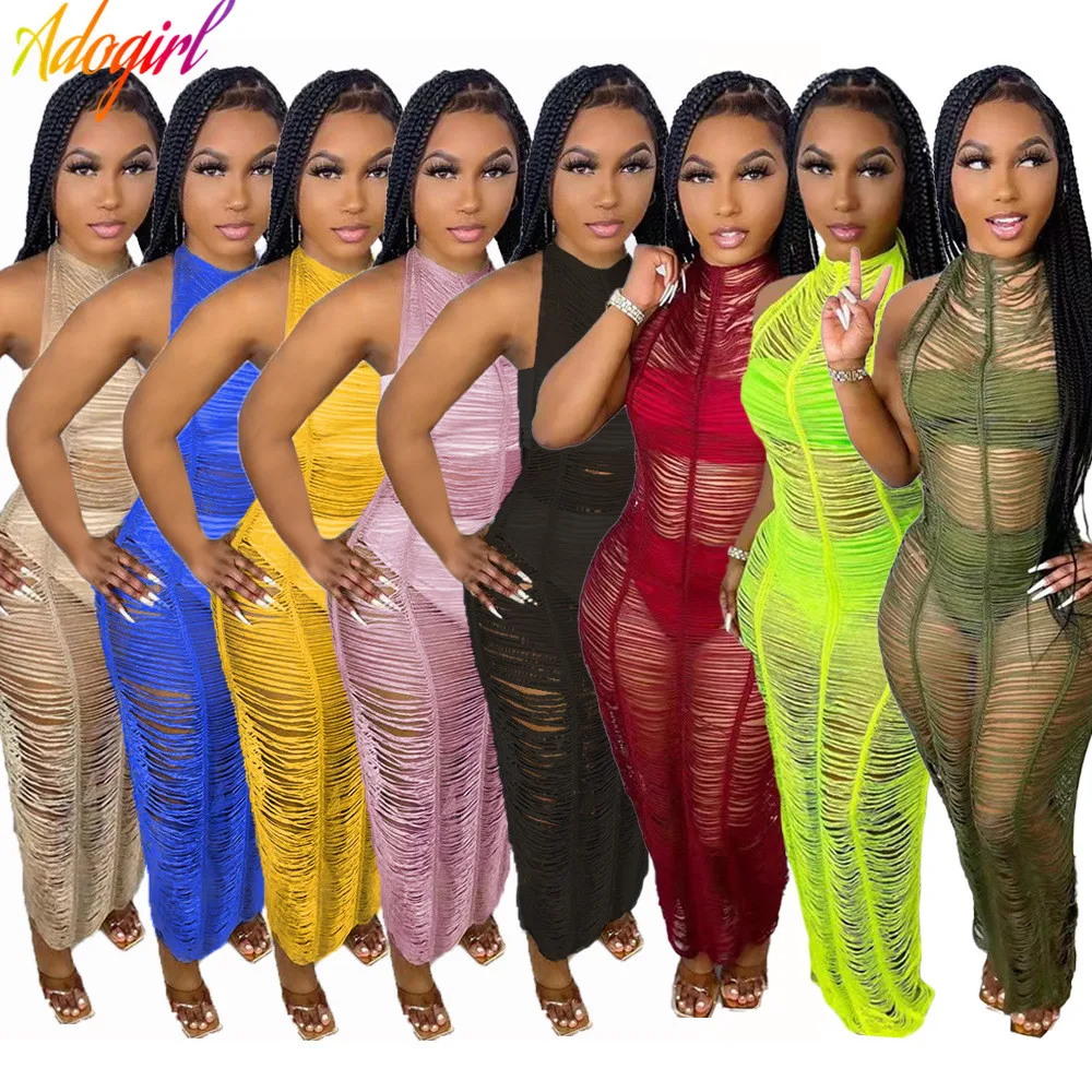

Adogirl Sexy Hollow Out Knitted Long Dress Beach Style Lace Up Backless See Through Crochet Swimming Vestidos Vintage Feamle