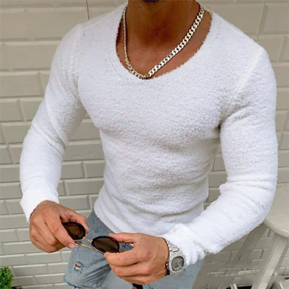 

Men V-Neck Fleece Thermal Underwear Solid Color T-Shirt Warm Bottoming Soft Pullover Top Keep Warm Tops Male Sweatshirt